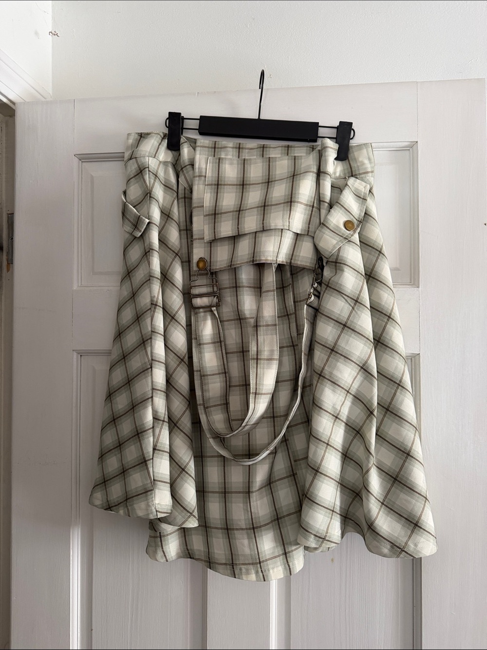 Unique Vintage Cream and Olive Plaid A-Line Skirt